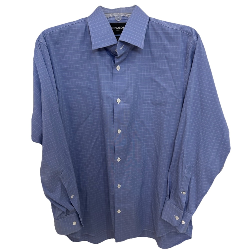 Bonobos Stretch  16.5 33 Blue White Grid Button Down Tailored Fit Wrinkle Free‎